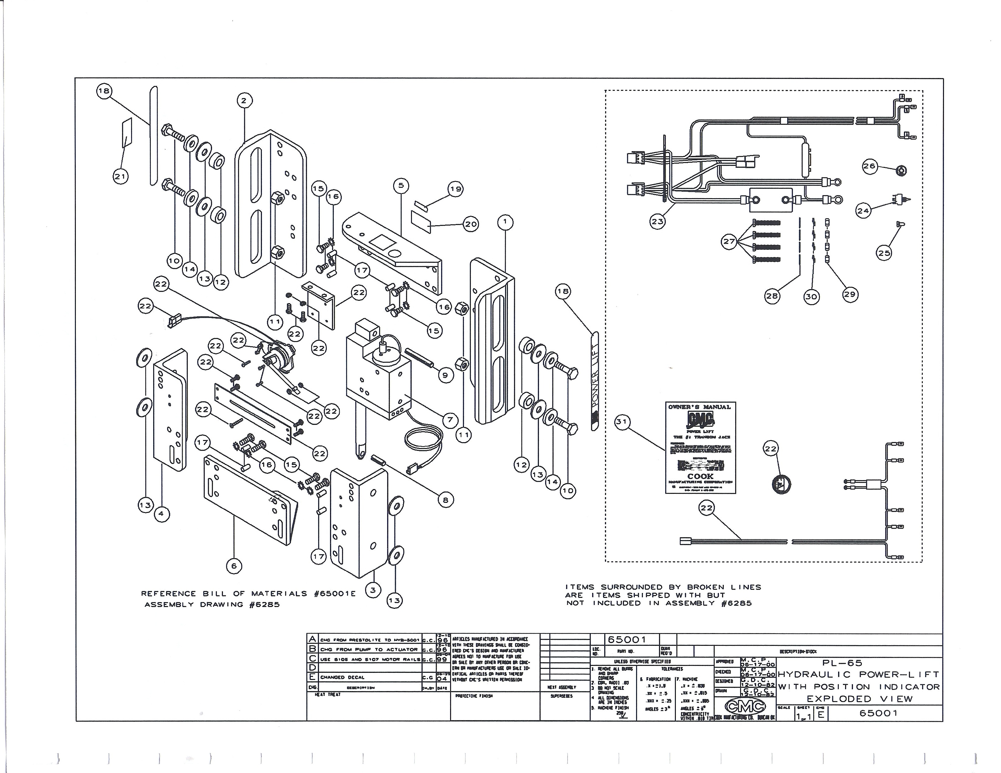 CMC PL-65 hydraulic jack plate repair parts for 65001 and 65002 Power-Lift